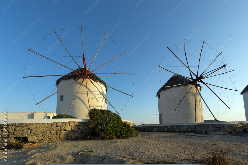 Sunset at White windmill on the island of Mykonos, Cyclades 
