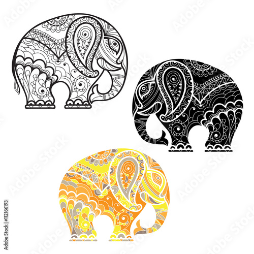 Elephants. Hand drawn vector illustration, zentangle style art.