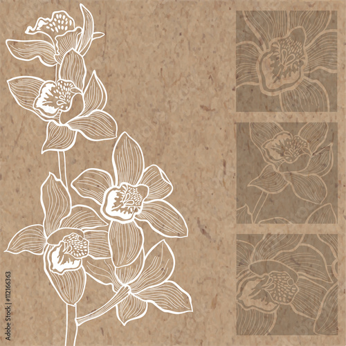 Floral background with orchids on kraft paper. Can be greeting card or invitation