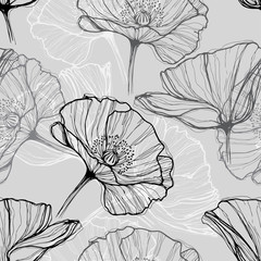 Acrylglasbilder Mohnblumenmuster Monochrome Mohnblumen Handgezeichneter Hintergrund  © maritime_m
