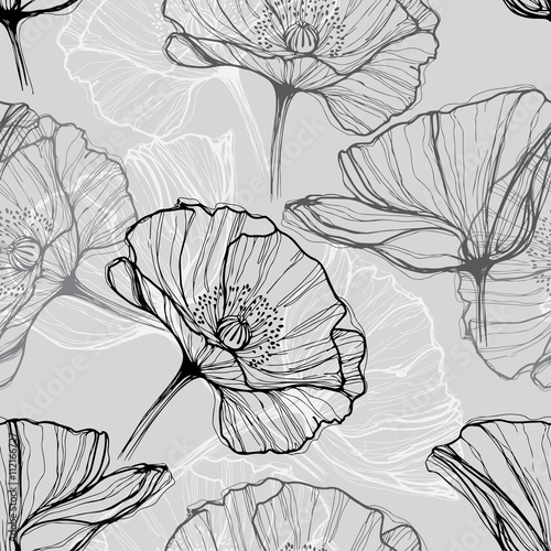 Fototapeta Naklejka Na Ścianę i Meble -  Monochrome seamless pattern with poppies. Hand-drawn floral background