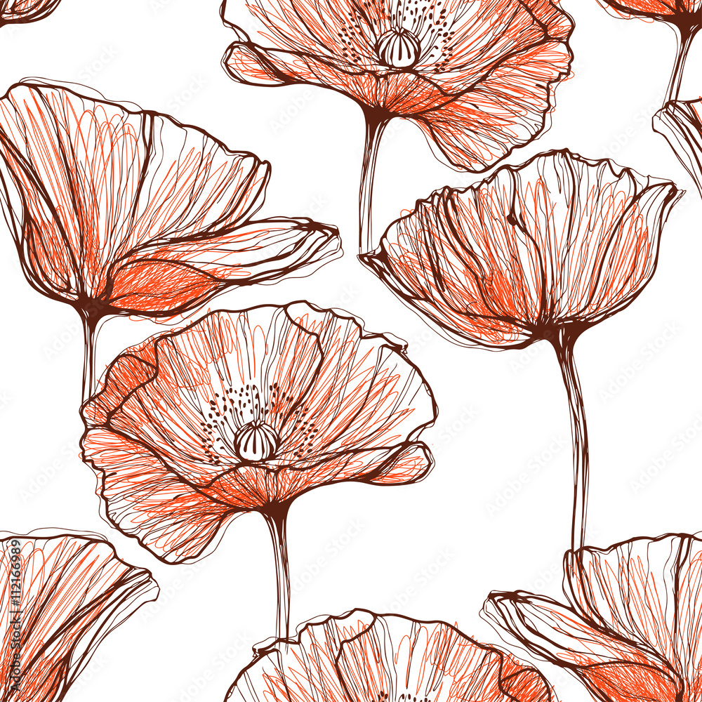 Seamless pattern with poppies. Hand-drawn floral background. - obrazy, fototapety, plakaty 