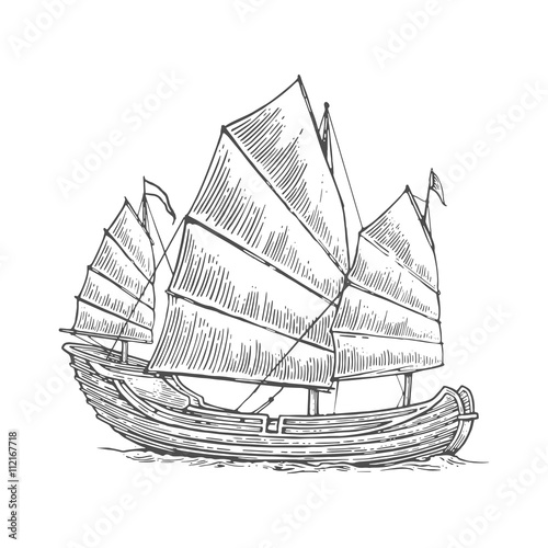 Junk floating on the sea waves. Hand drawn design element sailing ship. Vintage vector engraving illustration for poster, label, postmark.