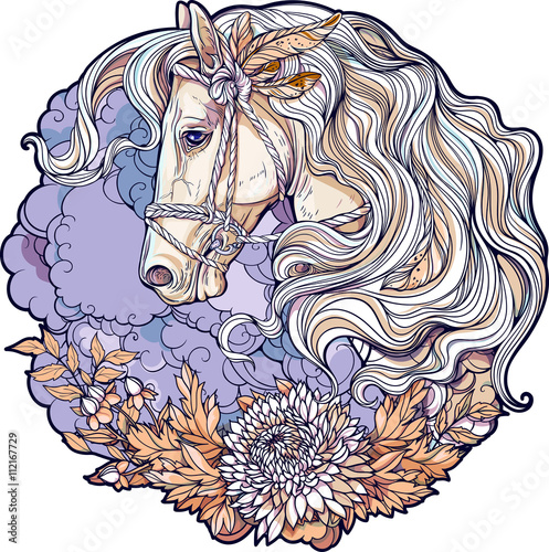 Colorful portrait of a horse with clouds and flowers
