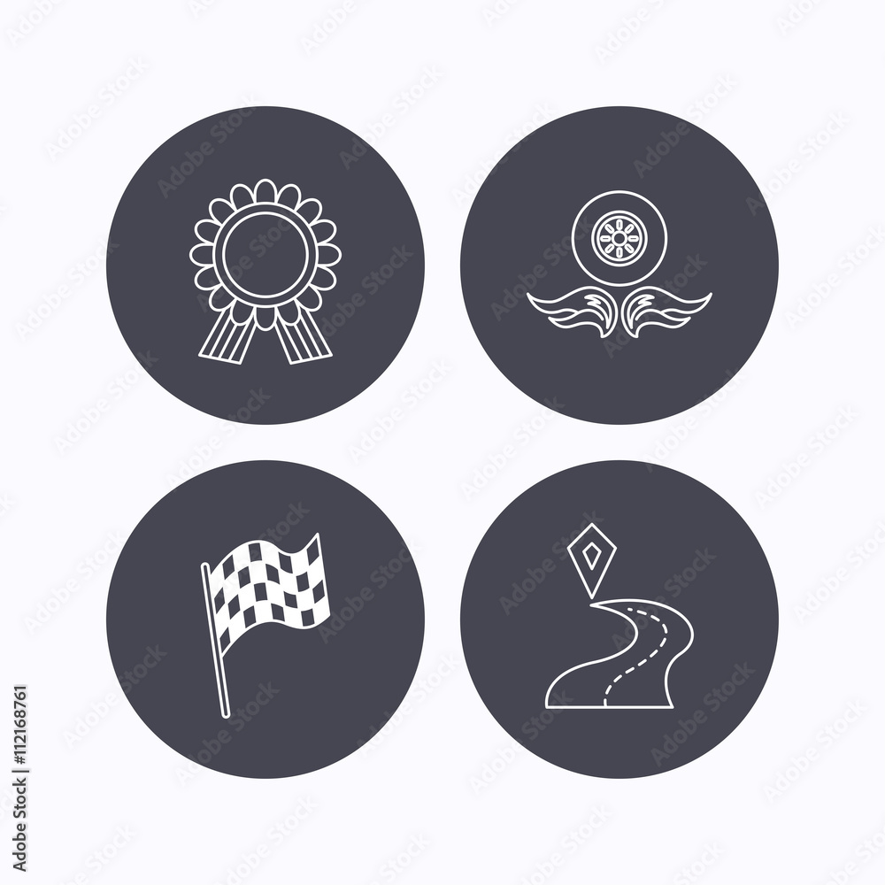 Winner award medal, destination and flag icons. Winner award medal, destination and flag icons.