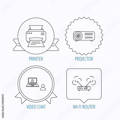Projector, printer and wi-fi router icons.