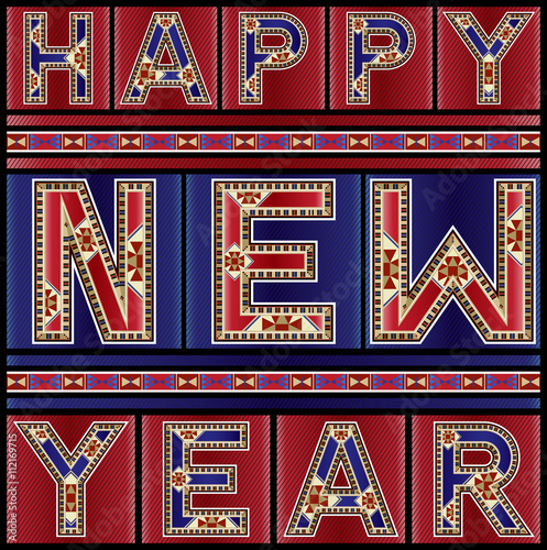 Marquetry Style Onamental Happy New Year Typography Greeting Car