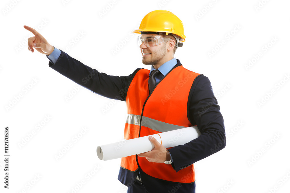 Engineer in vest and helmet holding blueprint isolated on white Engineer in vest and helmet holding blueprint isolated on white