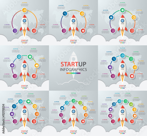 Startup vector circle infographic set with rocket launch and styled world map. 3, 4, 5, 6, 7, 8, 9, 10 options, parts, steps, processes business concept for graphs, charts, diagrams.