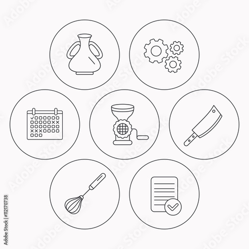 Meat grinder, butcher knife and whisk icons.