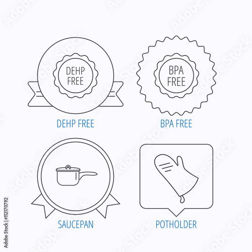 Saucepan, potholder and BPA free icons.