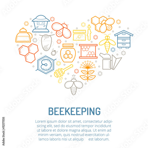 Vector illustration with linear colorful honey and beekeeping icons