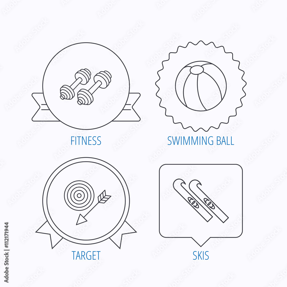 Sport fitness, swimming ball and skis icons.
