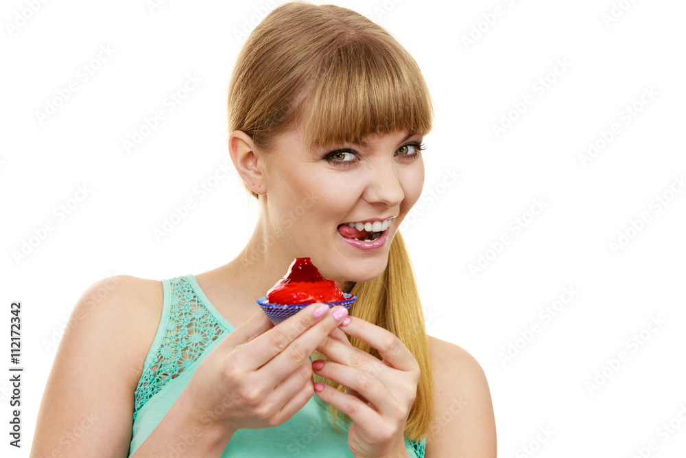 Woman holds cake strawberry cupcake Woman holds cake strawberry cupcake