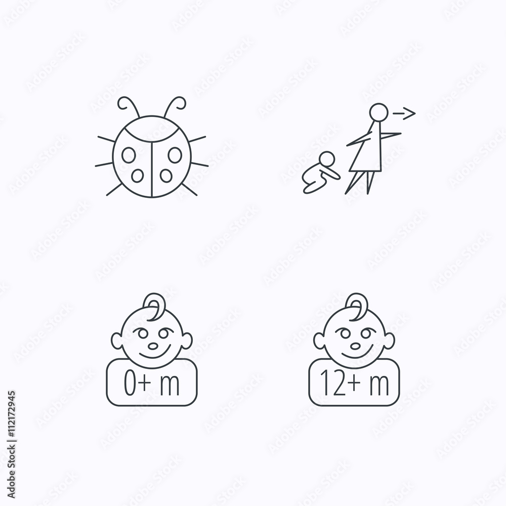 Infant child, ladybug and 0+ months child icons. Infant child, ladybug and 0+ months child icons.