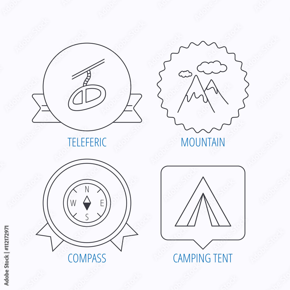 Mountain, camping tent and teleferic icons.