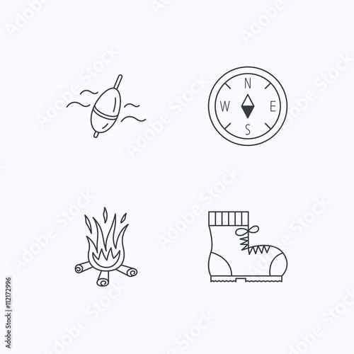 Bonfire, fishing float and hiking boots icons.