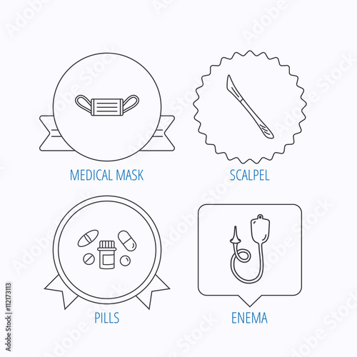 Medical mask, pills and scalpel icons.