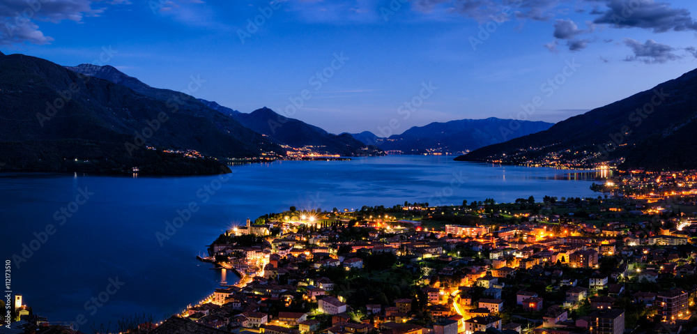 Lago di Como (Lake Como) high definition panorama from Peglio at blue hour