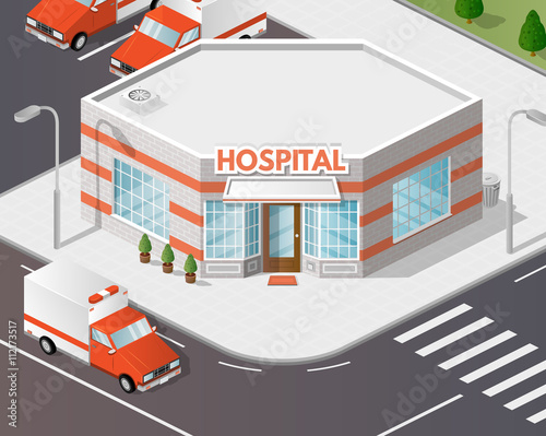 Vector art city, 3d style isometric view, ambulance, hospital, clinic.