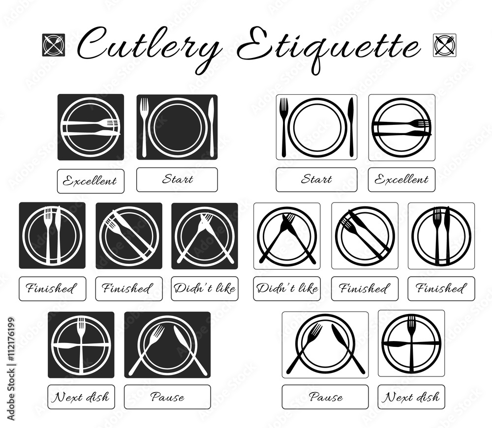 Cutlery etiquette. Table etiquette. Set of eating utensils etiquette icons.  Food eating rules and manners. Table manners and fine dining etiquette. Fork,  knife, plate. Vector isolated illustration. Stock Vector | Adobe Stock