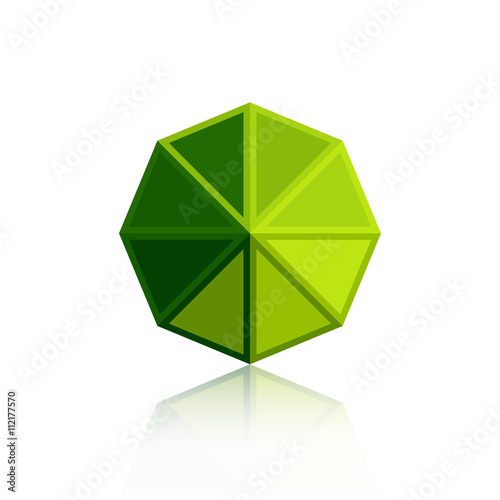 Octagon triangle green icon isolated on white background with reflection.