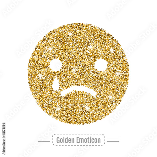 Sad emoticon by golden glitter. Face with smile, icon. Vector