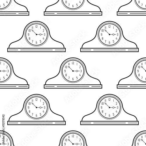 Black and white mantel clock. Seamless pattern. Decorative background.