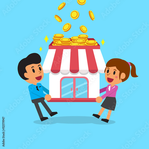 Cartoon business team earning money with their business