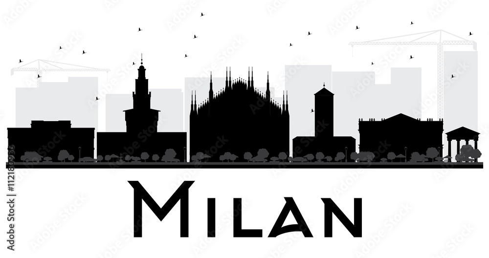 Milan City skyline black and white silhouette.