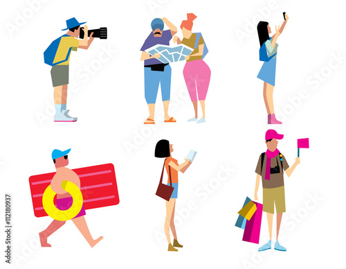 Travelling people. Funny tourist. Couple of journey. Trip and vacation man and woman. Summer time.