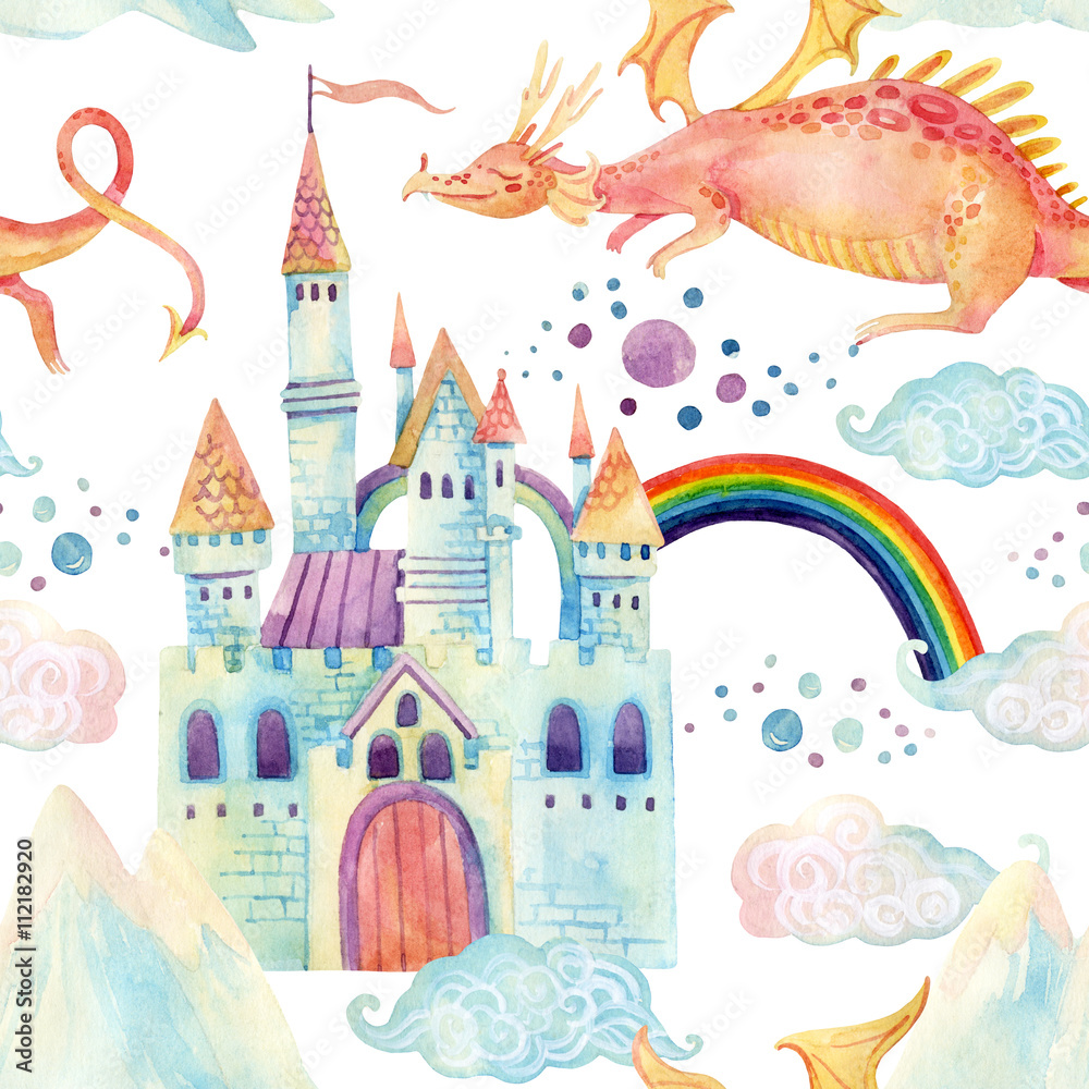 Watercolor fairy tale seamless pattern with cute dragon, magic castle, mountains and fairy clouds Watercolor fairy tale seamless pattern with cute dragon, magic castle, mountains and fairy clouds