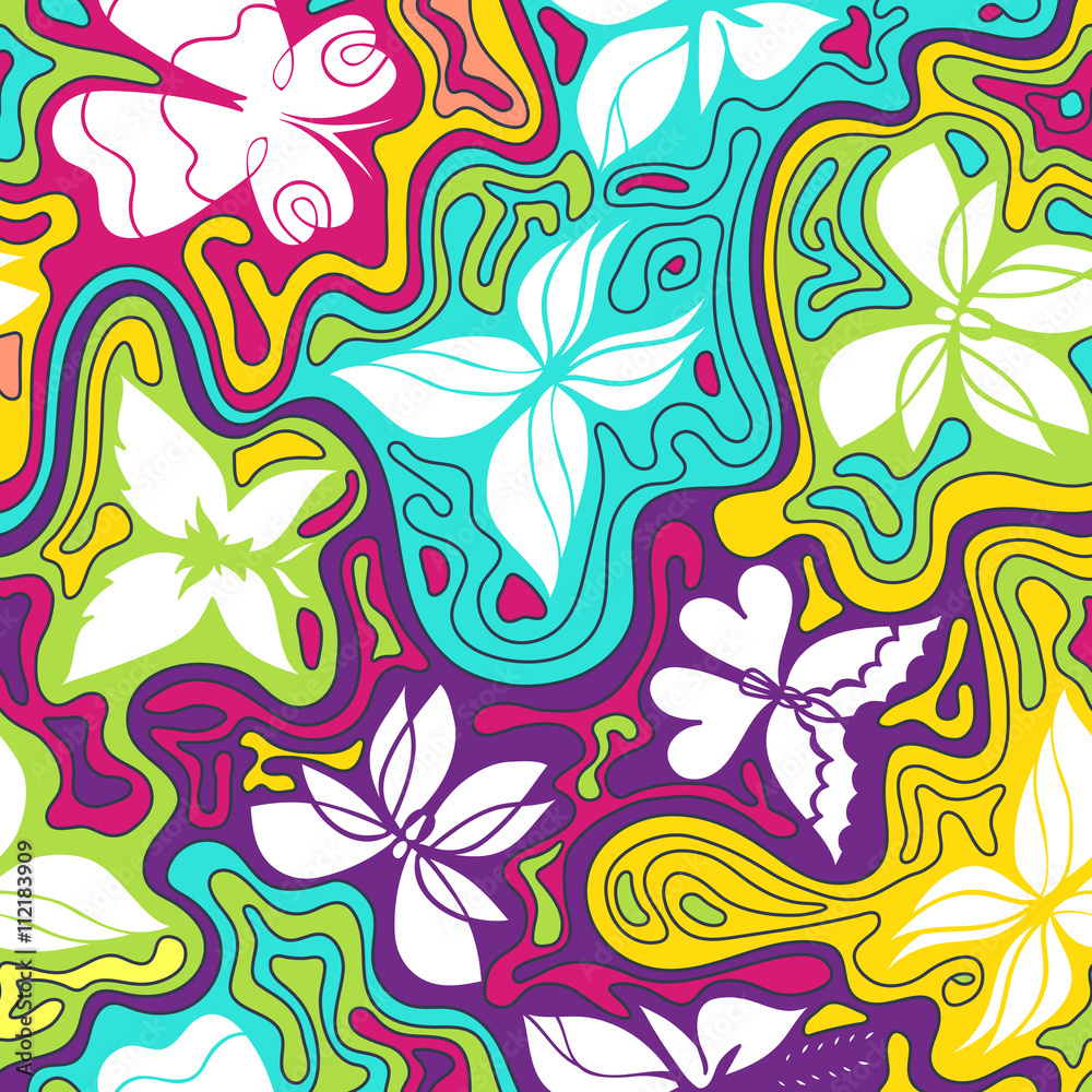 Vector hand-drawn pattern with butterflies and waves, colorful background with butterflies and wavy lines, EPS 8 Vector hand-drawn pattern with butterflies and waves, colorful background with butterflies and wavy lines, EPS 8