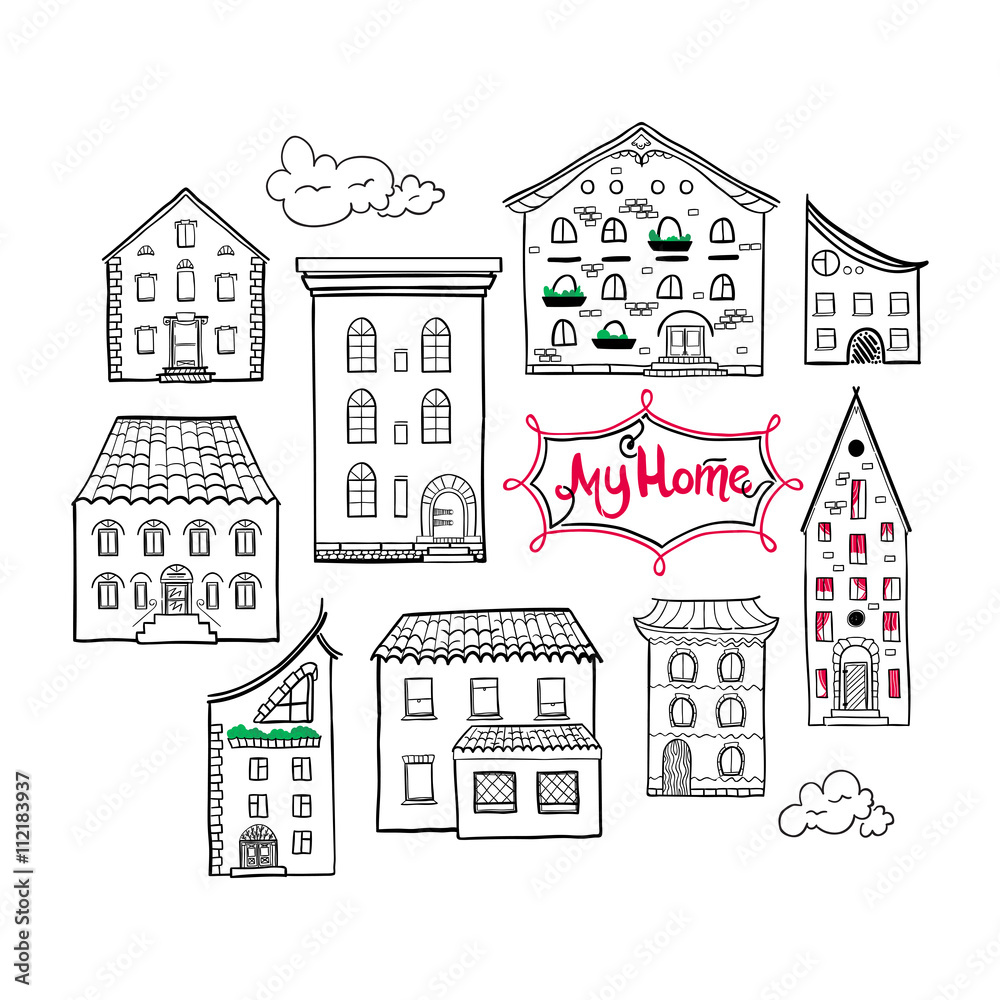 Collection of doodled houses, isolated hand drawn sketch of houses, cute doodle background with place for text, lettering My Home