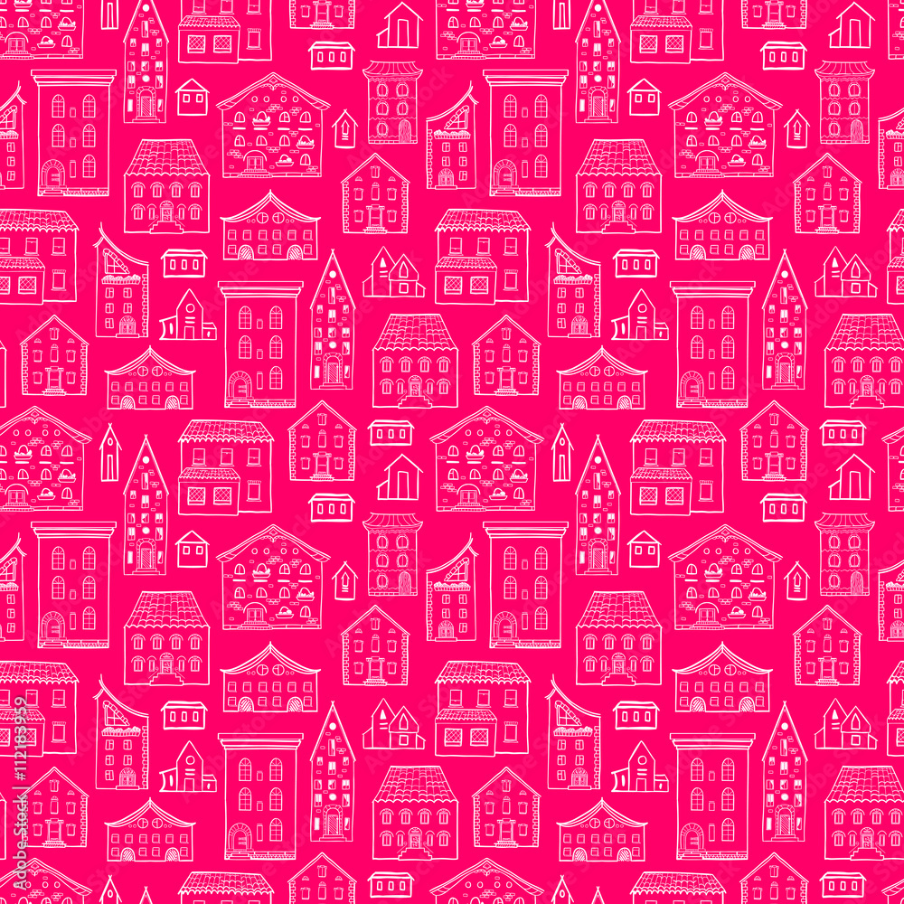 Seamless pink hand-drawn pattern, cute bright background with houses, good for design fabric, wrapping paper, print design, postcards, EPS 8