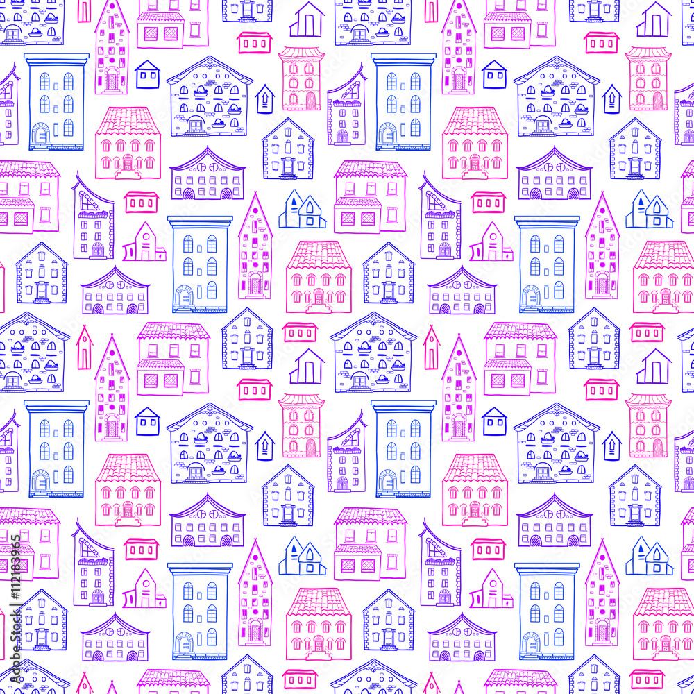Seamless hand-drawn pattern, cute colorful background with houses, purple and pink nice buildings, good for design fabric, wrapping paper, print design, postcards, EPS 8