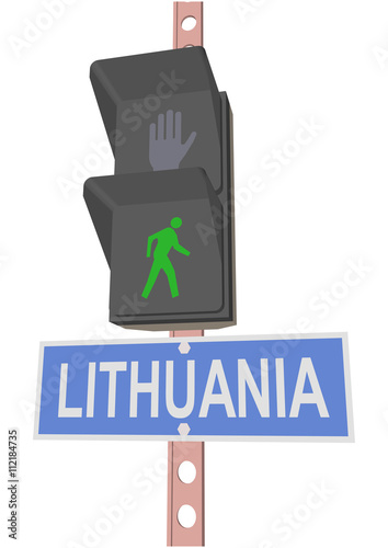 traffic light and a sign with the text "LITHUANIA"