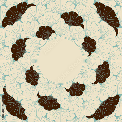 a Japanese style vintage card with exotic foliage pattern in blue and brown