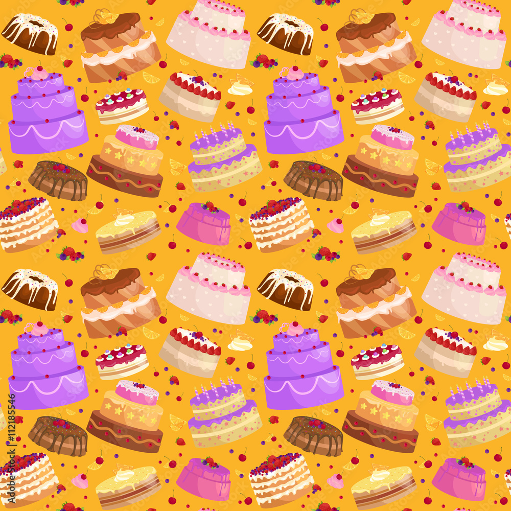 Vector cake icon set, Birthday food, sweet dessert, isolated illustration.