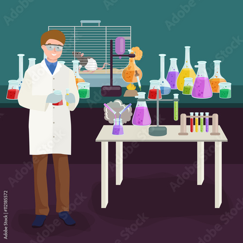 Scientists lab concept with man making research vector illustration