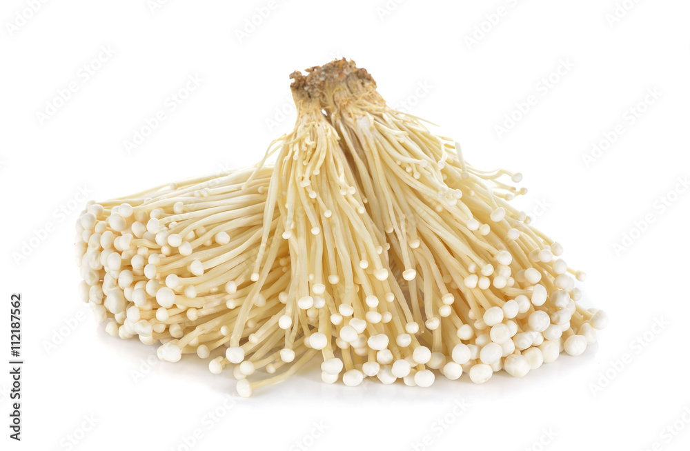 Fresh Enoki mushrooms on white background