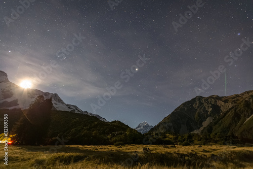 mt. cook at night with stars in the sky