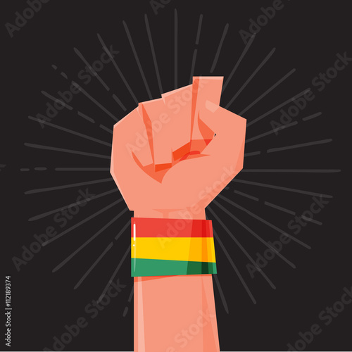 fist hand held high with Rasta style Bracelets. wristband. finan