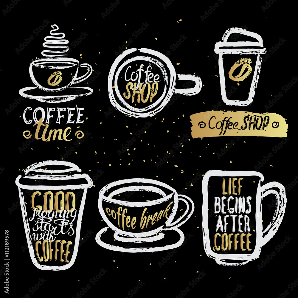hand drawn coffee cups with lettering