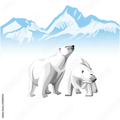 Two white polar bear on a background of of Icebergs.