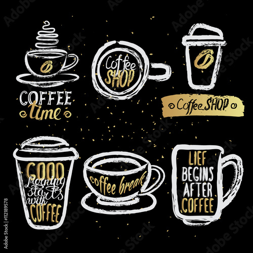 hand drawn coffee cups with lettering