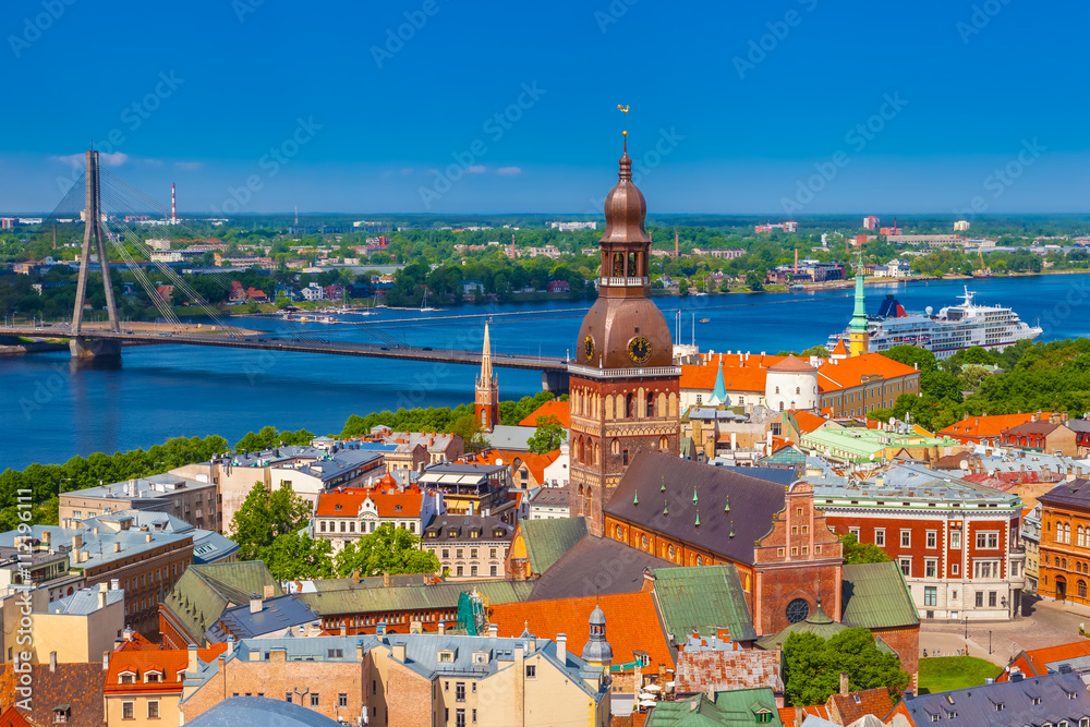 View from tower of Saint Peters Church on Riga city, Latvia - obrazy, fototapety, plakaty 