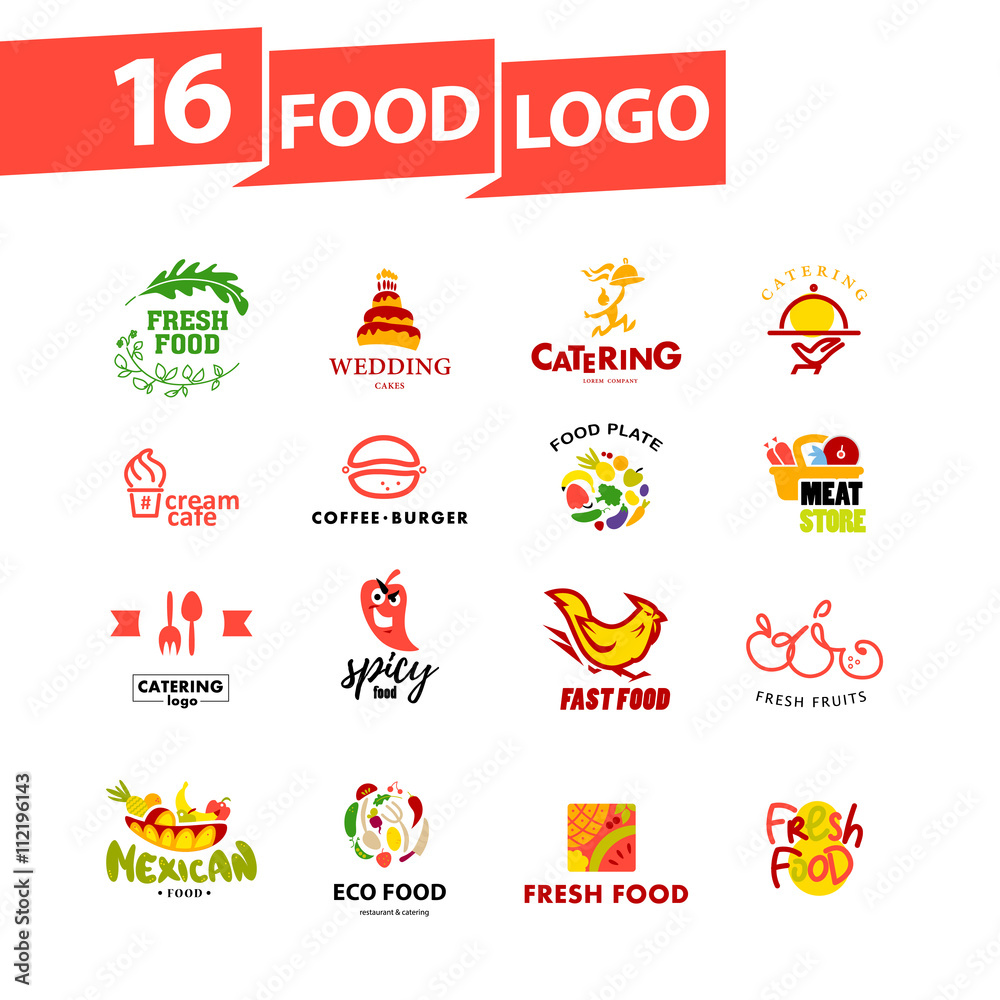 Vector simple flat food logo. Restaurant, cafe, catering insignia. Food icon. Food icon collection isolated on white background.
