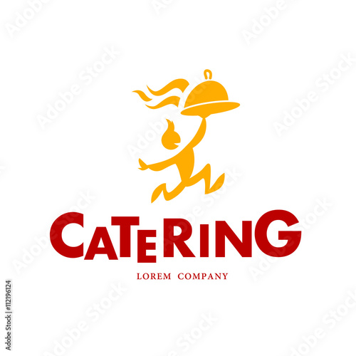 Vector simple flat food logo. Restaurant, cafe, catering insignia. Food icon. Running man with dish icon isolated