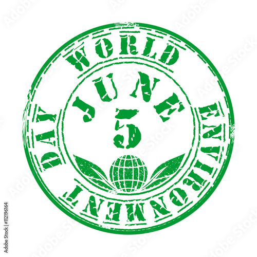 Green grunge rubber stamp with leaves, heart and the text Earth Day written inside. 5 June. Design element for celebration of Earth Day. Vector illustration
